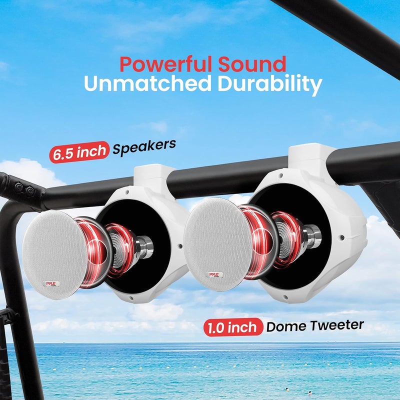 Pyle Waterproof Marine Wakeboard Tower Speakers - 6.5in Dual Subwoofer Speaker Set and 1” Tweeter with 200 Watt Power - 2-way Boat Audio Stereo System with Mounting Bracket - 1 Pair - PLMRW65 (White) - Image 3